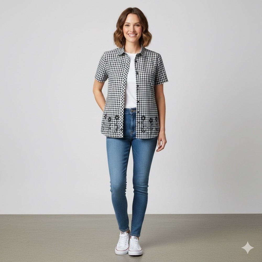 Alfred Dunner Womens Size 12 Floral Embroidered Shirt Under Shirt Gingham Button